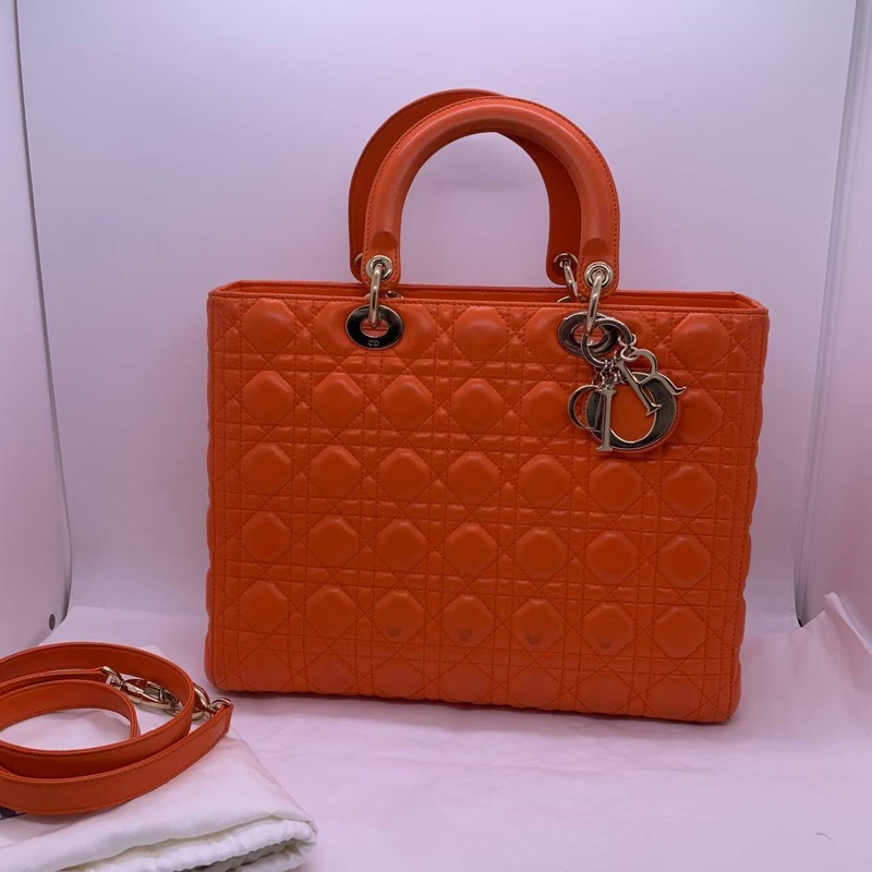 二手 dior 七格橘紅色羊皮戴妃包金扣，配件肩帶，2013 年購入-0