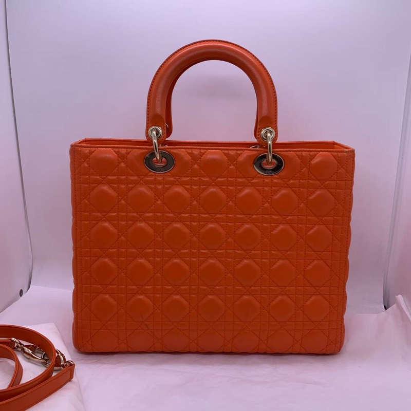 二手 dior 七格橘紅色羊皮戴妃包金扣，配件肩帶，2013 年購入-1
