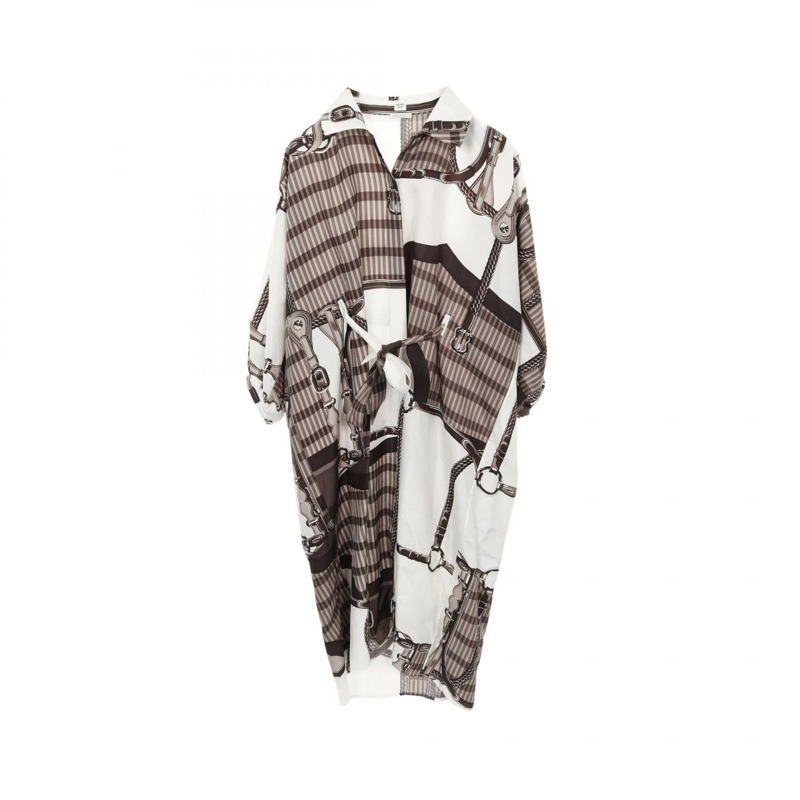 愛馬仕 Coaching Remix Blanc casse Kaftan 連身裙，白色棕色真絲，二手女裝 #34-0