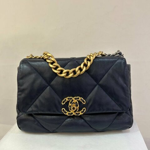 CHANEL海軍藍羊皮金釦19Bag 26cm