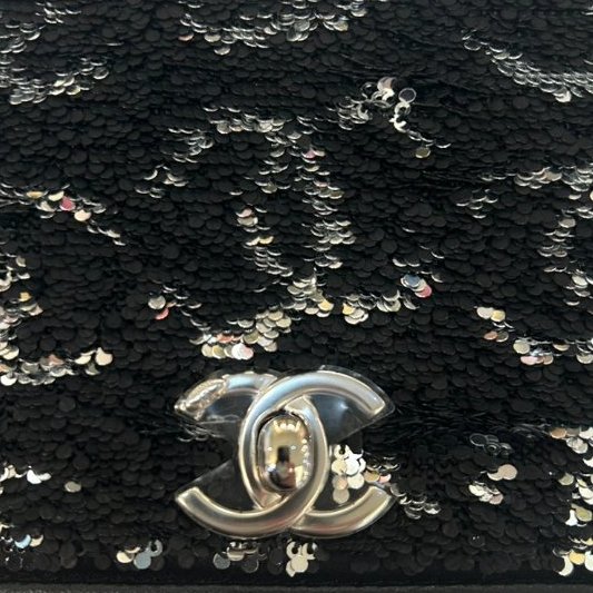 CHANEL黑銀亮片雙C銀釦WOC-9