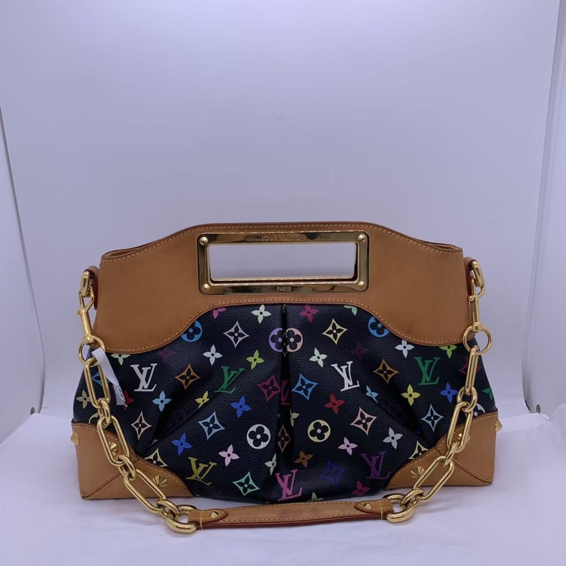 二手 lv 黑三彩 judy 手提包，手柄底部邊角都有變色發黑磨損，五金有划痕-0