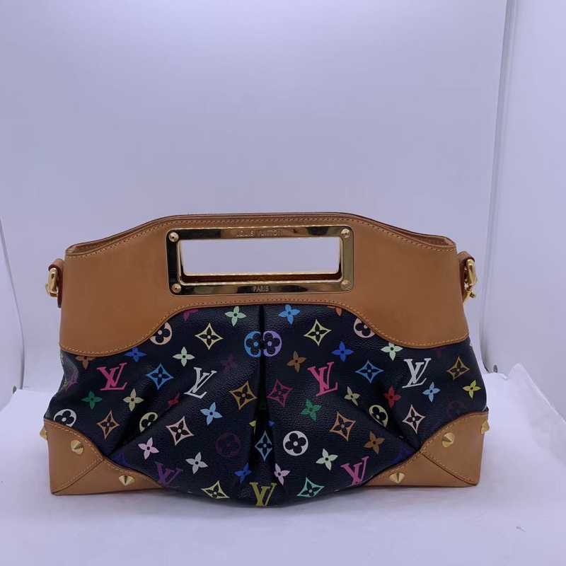 二手 lv 黑三彩 judy 手提包，手柄底部邊角都有變色發黑磨損，五金有划痕-1