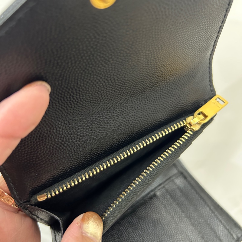 YSL 黑魚子醬牛皮金釦三折短夾-4