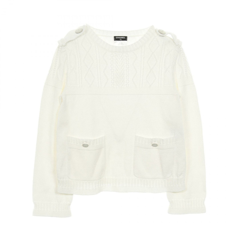 香奈兒 COCO 標誌紐帶針織衫 #34 棉質白色二手女款-0