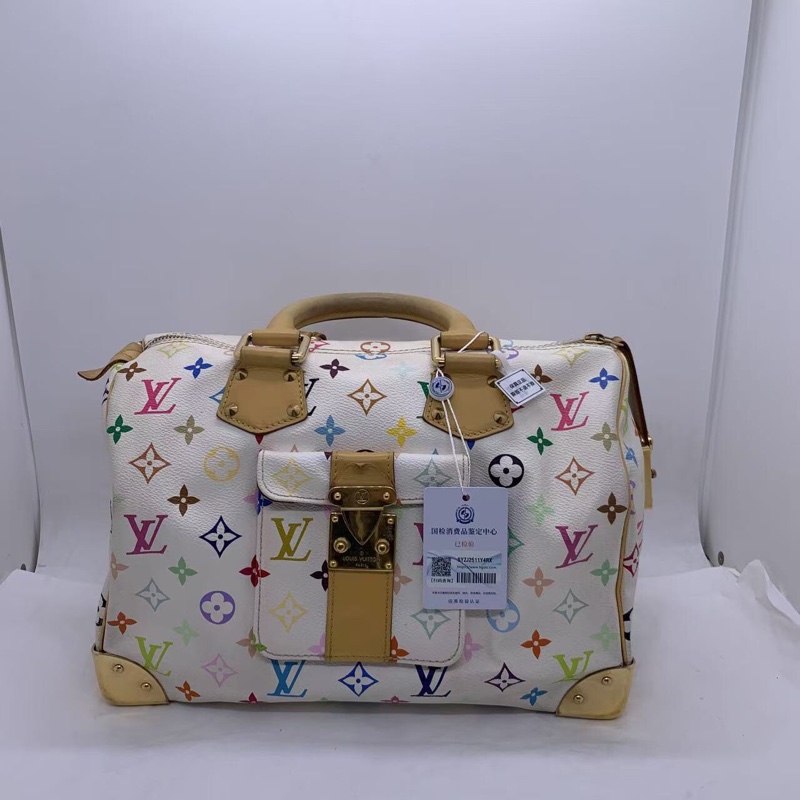 二手LV白三彩Speedy30手提款，村上隆聯名限量款，經典枕頭包，白色底配彩色老花，金色五金，尺寸30cm-1