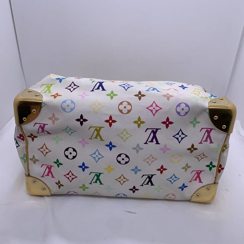 二手LV白三彩Speedy30手提款，村上隆聯名限量款，經典枕頭包，白色底配彩色老花，金色五金，尺寸30cm-3