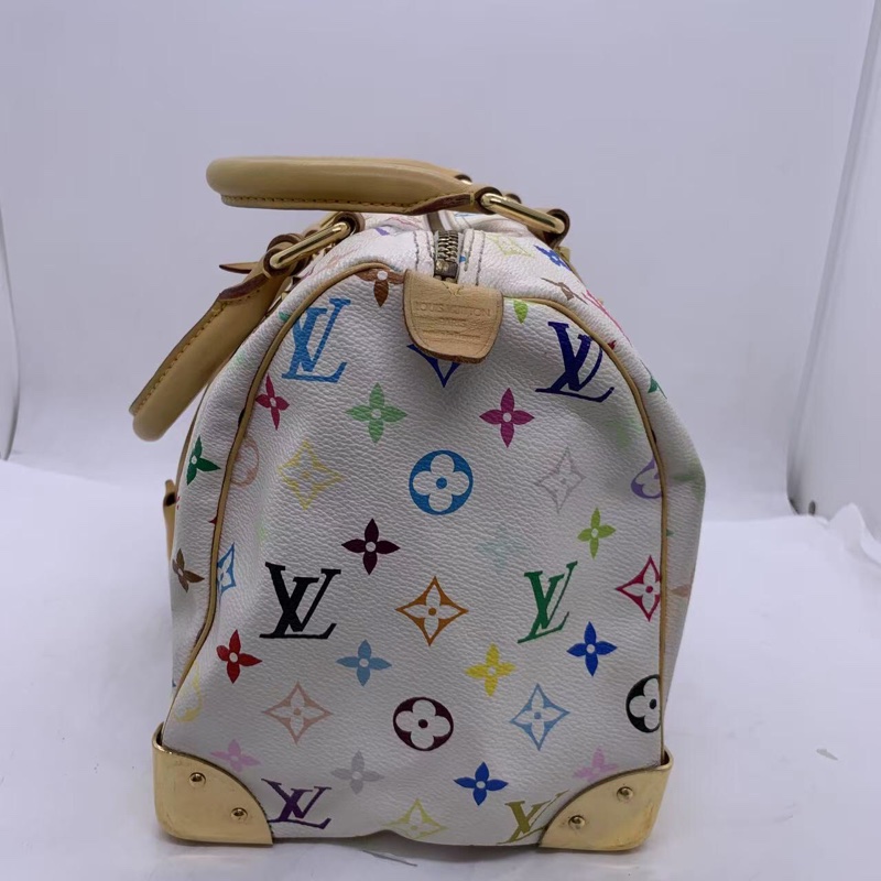二手LV白三彩Speedy30手提款，村上隆聯名限量款，經典枕頭包，白色底配彩色老花，金色五金，尺寸30cm-4