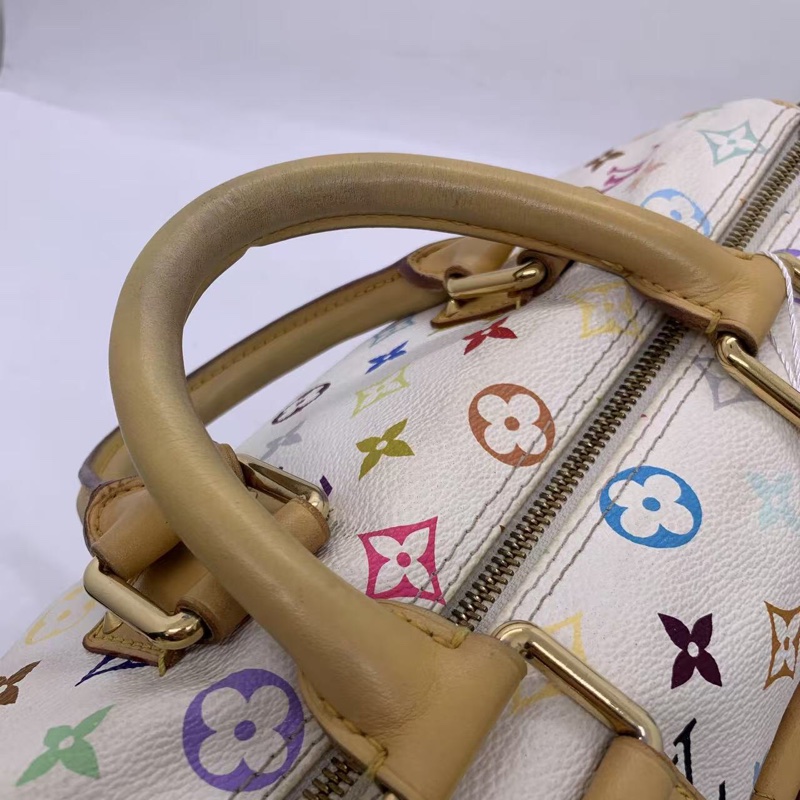 二手LV白三彩Speedy30手提款，村上隆聯名限量款，經典枕頭包，白色底配彩色老花，金色五金，尺寸30cm-5