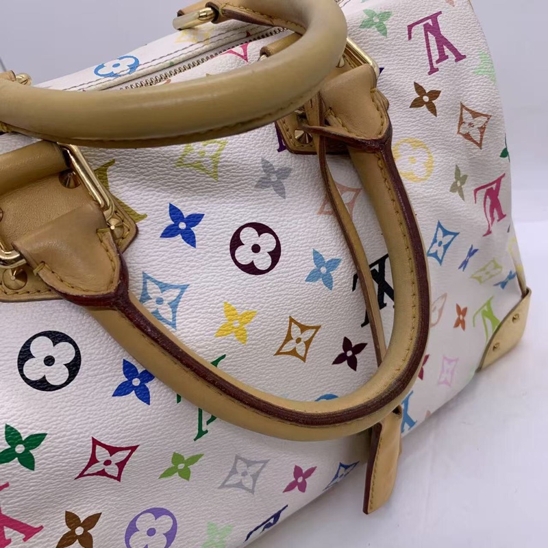 二手LV白三彩Speedy30手提款，村上隆聯名限量款，經典枕頭包，白色底配彩色老花，金色五金，尺寸30cm-6