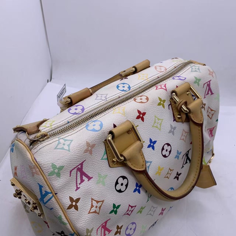 二手LV白三彩Speedy30手提款，村上隆聯名限量款，經典枕頭包，白色底配彩色老花，金色五金，尺寸30cm-9