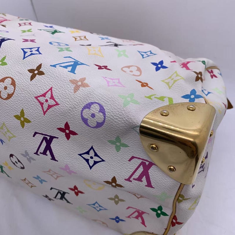 二手LV白三彩Speedy30手提款，村上隆聯名限量款，經典枕頭包，白色底配彩色老花，金色五金，尺寸30cm-12