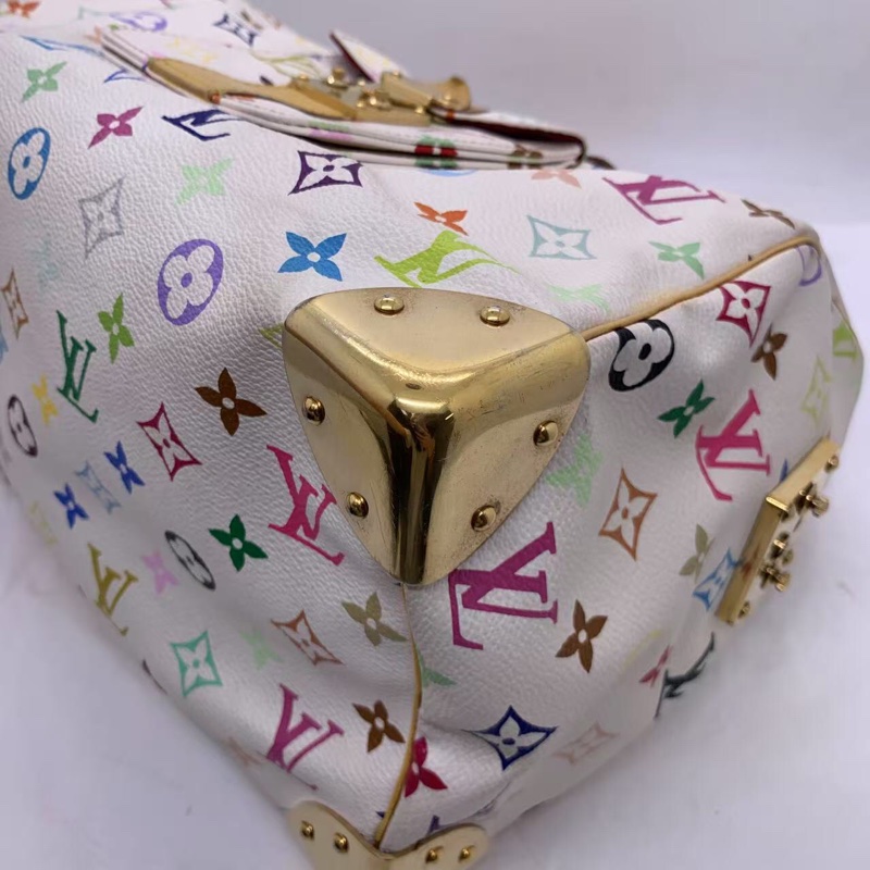 二手LV白三彩Speedy30手提款，村上隆聯名限量款，經典枕頭包，白色底配彩色老花，金色五金，尺寸30cm-14