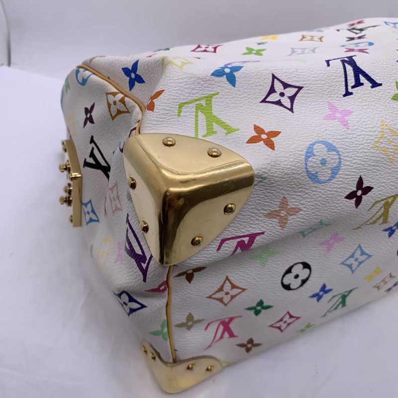 二手LV白三彩Speedy30手提款，村上隆聯名限量款，經典枕頭包，白色底配彩色老花，金色五金，尺寸30cm-17
