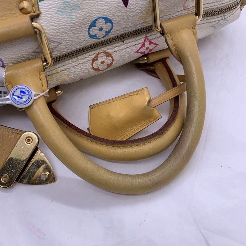 二手LV白三彩Speedy30手提款，村上隆聯名限量款，經典枕頭包，白色底配彩色老花，金色五金，尺寸30cm-18