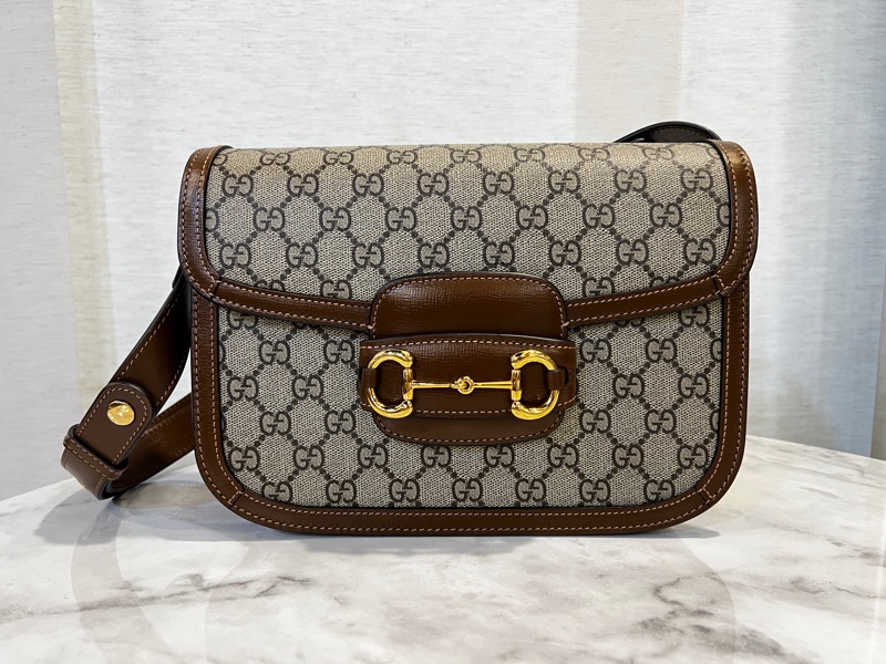 Gucci Pvc 咖牛皮金釦1955馬銜下蓋肩斜背包-0
