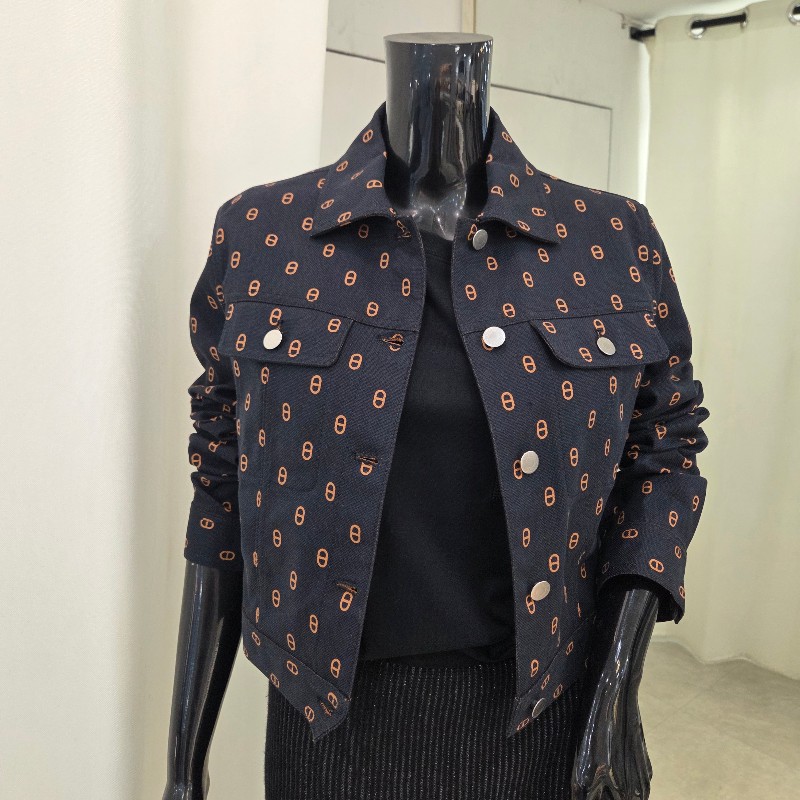 Hermès 豬鼻短版夾克外套 深藍 40-0