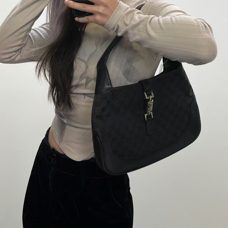 「JL精品代購」Gucci黑銀老花帆布拼皮Jackie單肩包中號-1