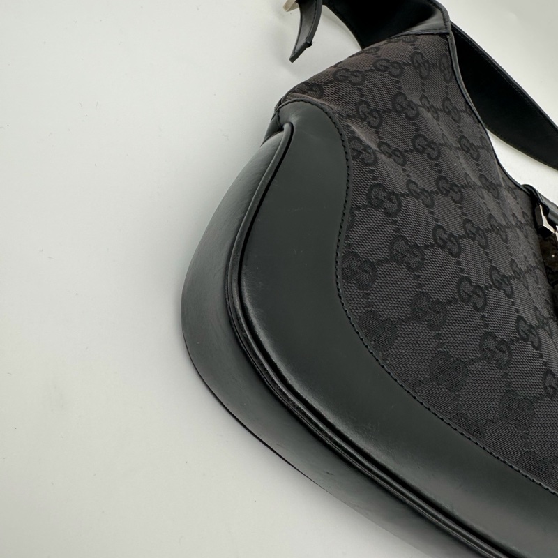 「JL精品代購」Gucci黑銀老花帆布拼皮Jackie單肩包中號-7