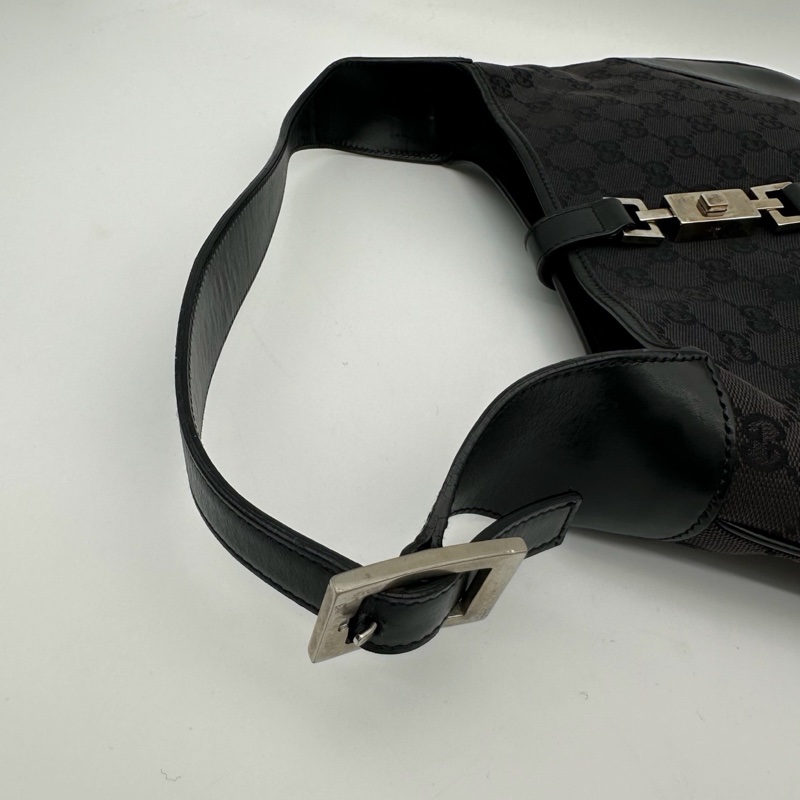 「JL精品代購」Gucci黑銀老花帆布拼皮Jackie單肩包中號-11
