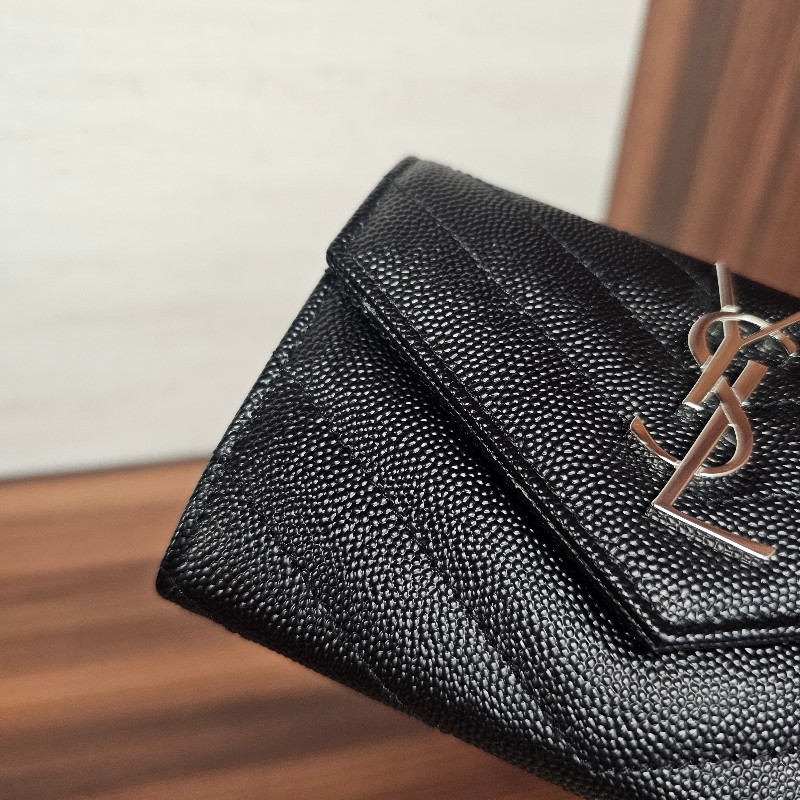 [品項極新🥰] YSL黑荔枝皮銀釦信封零錢卡包-3
