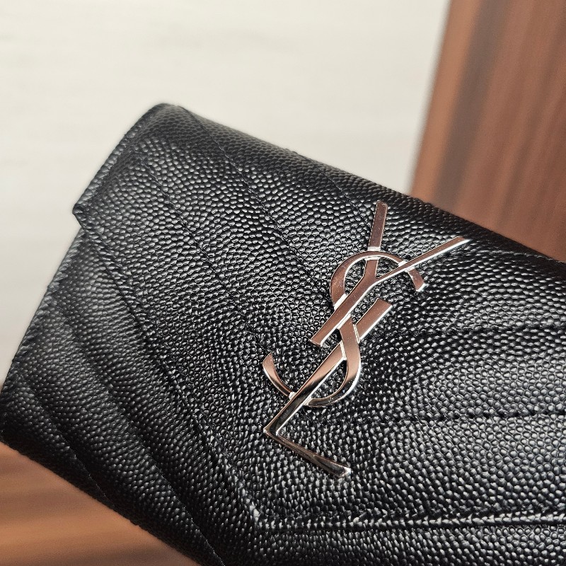 [品項極新🥰] YSL黑荔枝皮銀釦信封零錢卡包-4