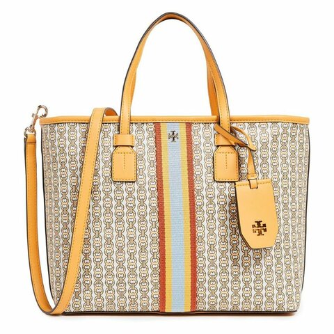 【TORY BURCH】雙T-LOGO拼接皮革托特包-黃色