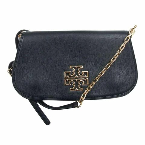 【TORY BURCH】素面翻蓋皮革造型斜背包-黑色