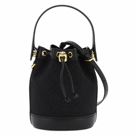 【TORY BURCH】緹花織布拼接皮革束口水桶包-黑色