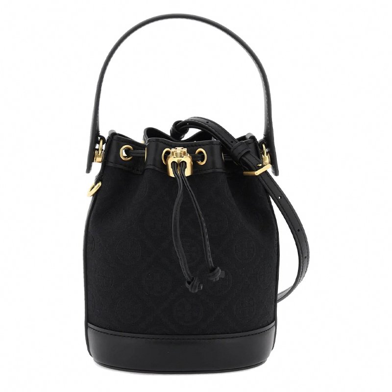 【TORY BURCH】緹花織布拼接皮革束口水桶包-黑色-0