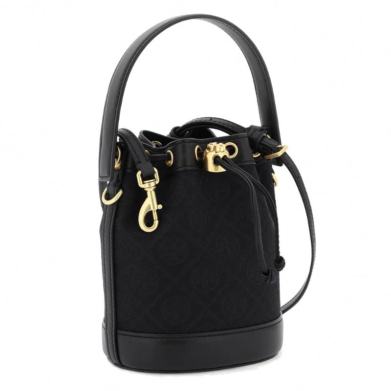 【TORY BURCH】緹花織布拼接皮革束口水桶包-黑色-1