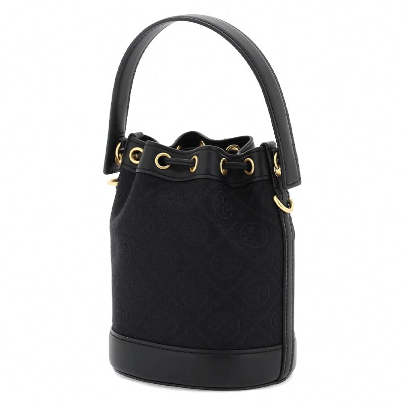 【TORY BURCH】緹花織布拼接皮革束口水桶包-黑色-2