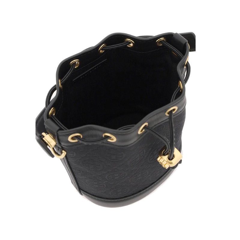 【TORY BURCH】緹花織布拼接皮革束口水桶包-黑色-3