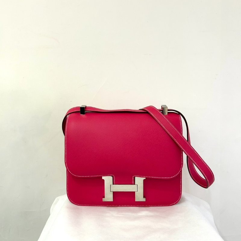 HERMES桃紅牛皮銀釦Constance 24-0