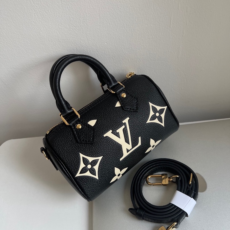LV speedy nano 黑白牛皮手提斜背包 晶片款-7