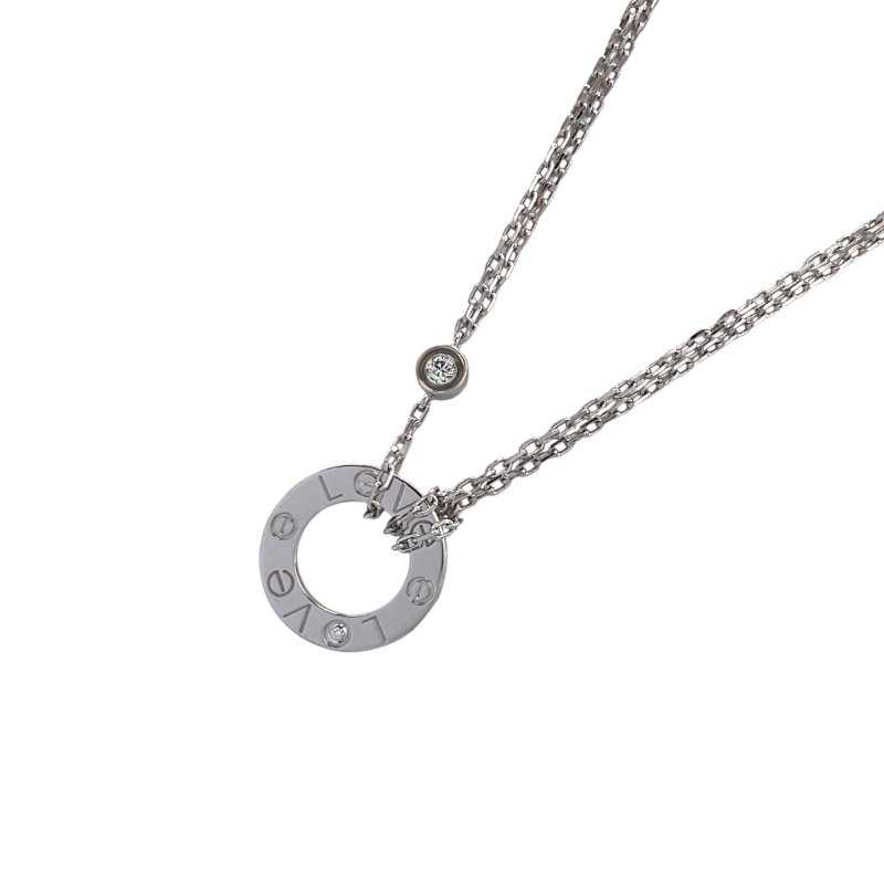 Cartier 卡地亞 LOVE 18K 白金 鑽石 雙鍊 圓形墜飾 項鏈-0