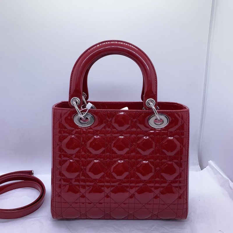 二手Dior 迪奧戴妃包 紅色漆皮 銀扣-1