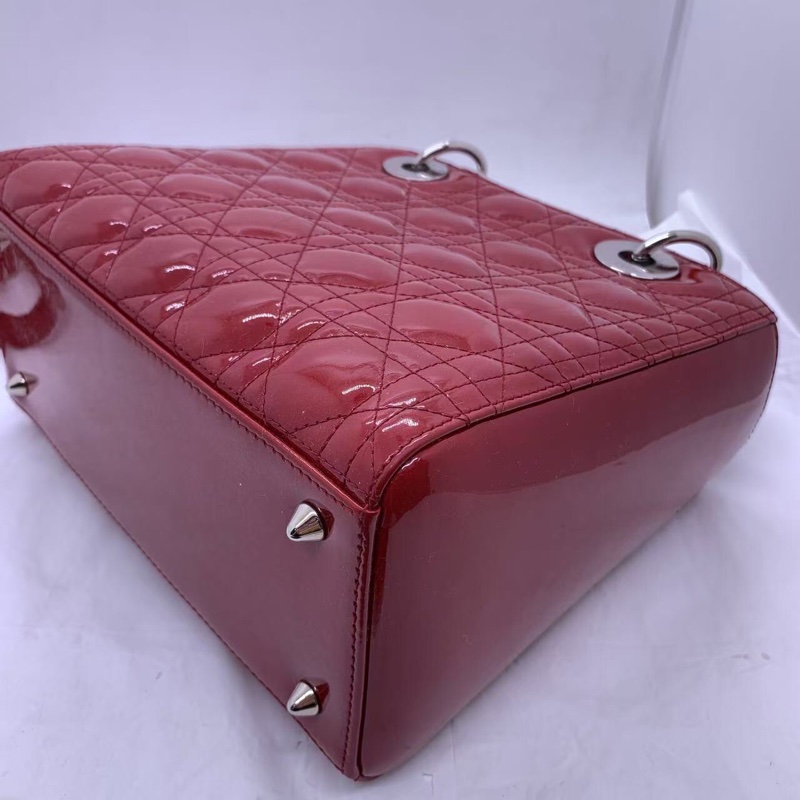 二手Dior 迪奧戴妃包 紅色漆皮 銀扣-10
