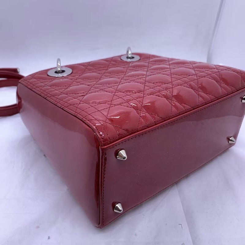 二手Dior 迪奧戴妃包 紅色漆皮 銀扣-11