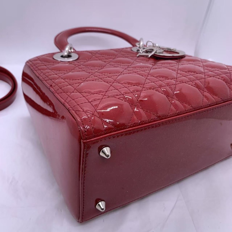 二手Dior 迪奧戴妃包 紅色漆皮 銀扣-13