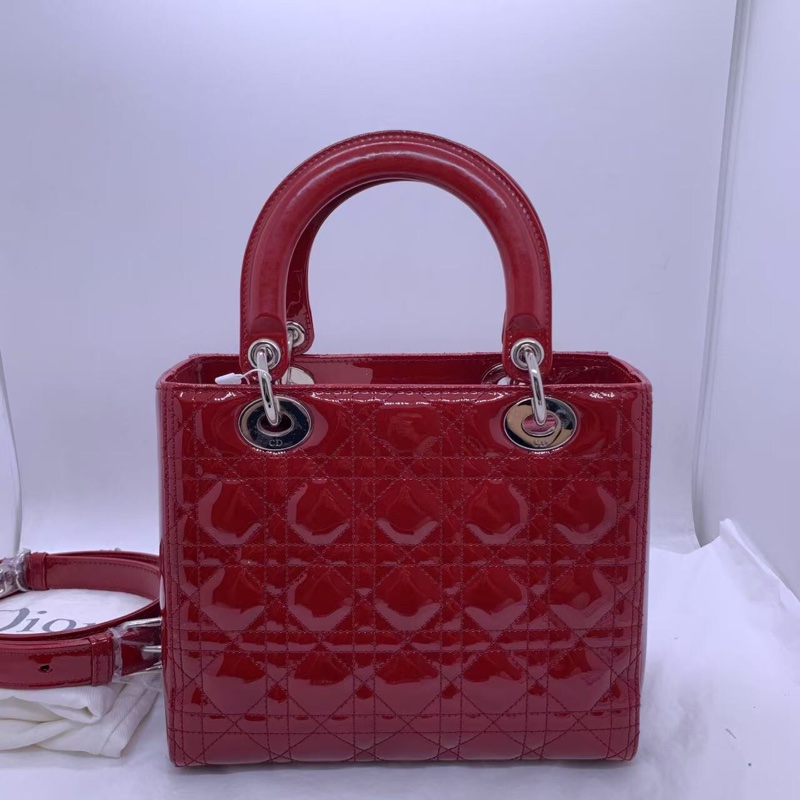 二手Dior 迪奧戴妃包 紅色漆皮 銀扣-1
