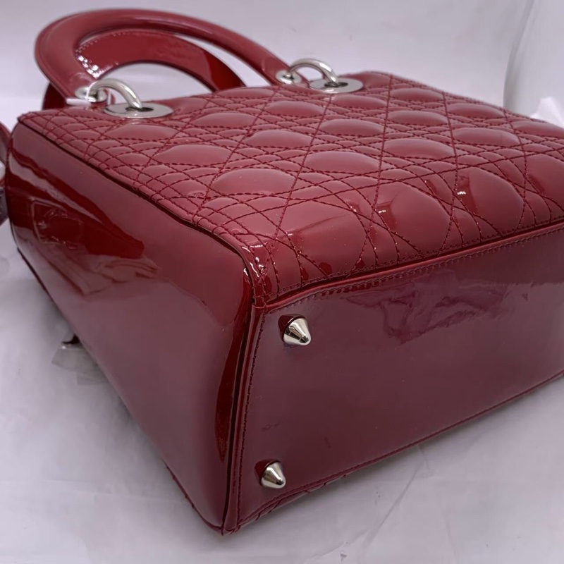 二手Dior 迪奧戴妃包 紅色漆皮 銀扣-10