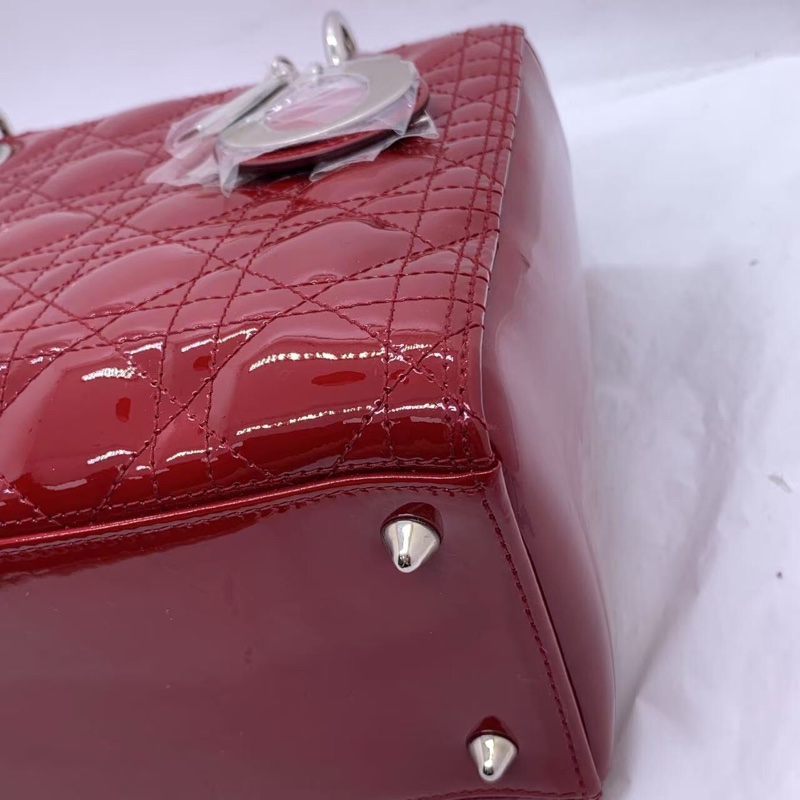 二手Dior 迪奧戴妃包 紅色漆皮 銀扣-12