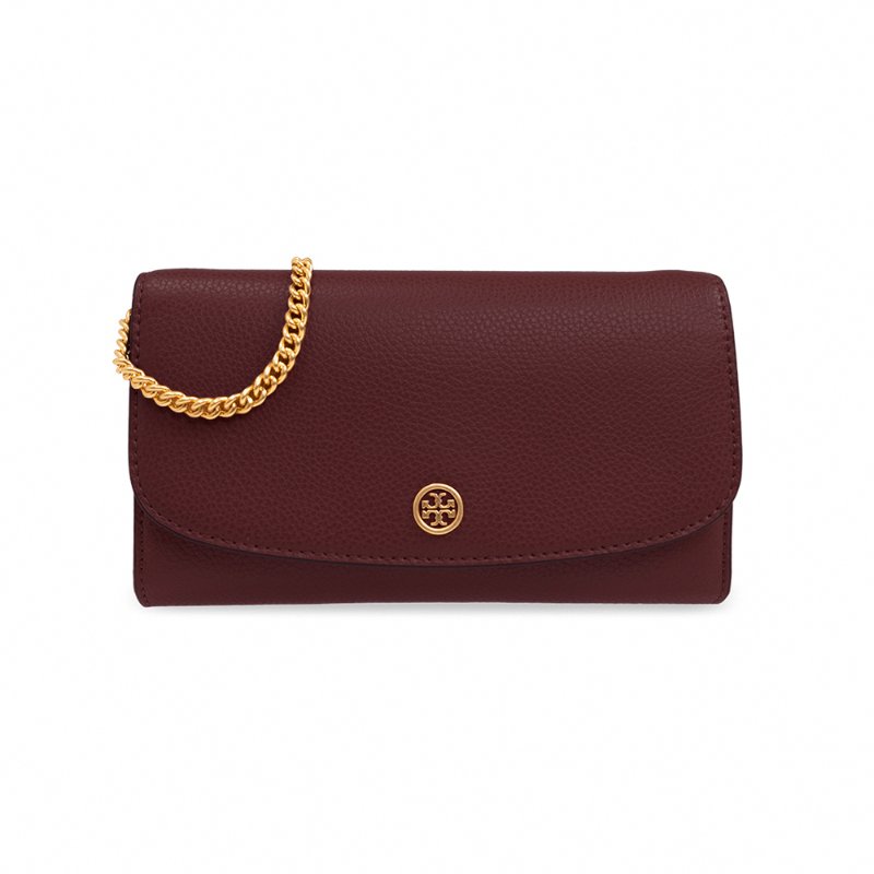 【TORY BURCH】素面皮革翻蓋斜背鍊包-酒紅色-4