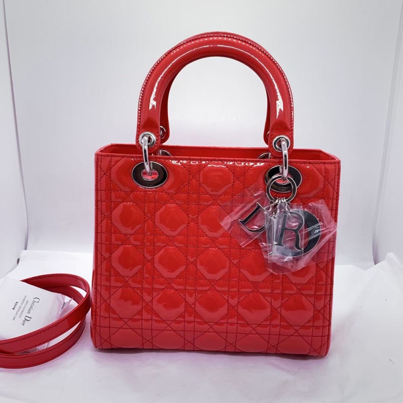 二手Dior 迪奧戴妃包 紅色漆皮 銀扣-0