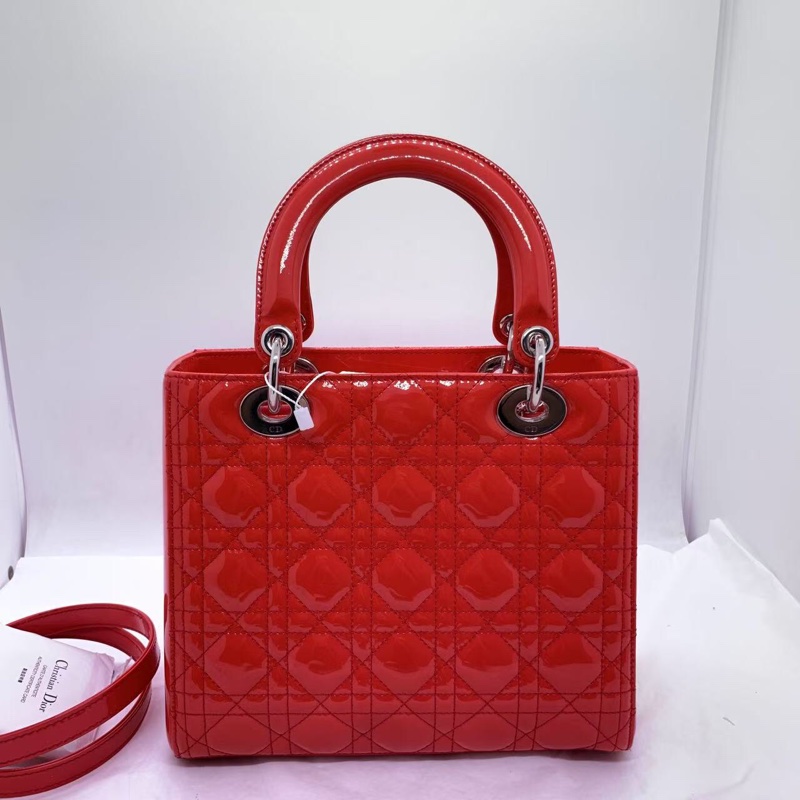 二手Dior 迪奧戴妃包 紅色漆皮 銀扣-1