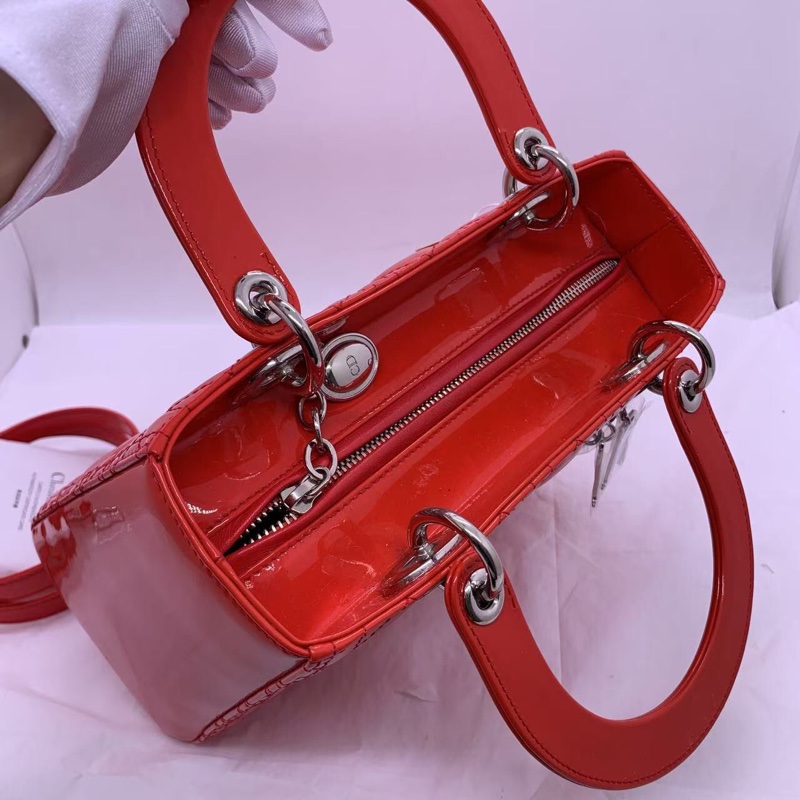 二手Dior 迪奧戴妃包 紅色漆皮 銀扣-3