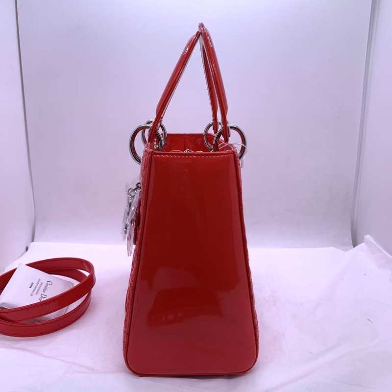 二手Dior 迪奧戴妃包 紅色漆皮 銀扣-4