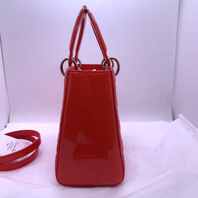 二手Dior 迪奧戴妃包 紅色漆皮 銀扣-5