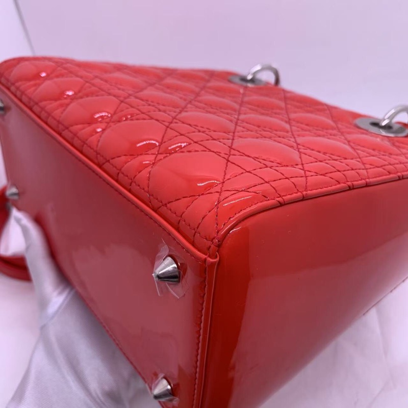 二手Dior 迪奧戴妃包 紅色漆皮 銀扣-14